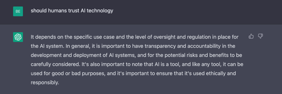ChatGPT response to if humans should trust AI